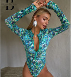 Stylish Women's Long Sleeve Zipper Mesh Swimsuit