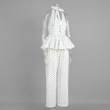 Polka Dot Halter Neck Tank Top + Wide-Leg Pants Set