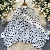 Chic Polka Dot Lantern Sleeve Blouse with Bow Tie
