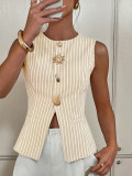 Elegant Striped Round-Neck Button Vest