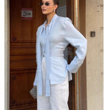 Elegant Ribbon-Tie Cotton Cardigan Shir