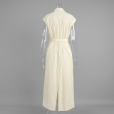 Elegant Cotton Sleeveless Collared Shirt Dress with Waist Tie