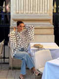 Chic Polka Dot Lantern Sleeve Blouse with Bow Tie
