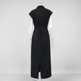 Elegant Cotton Sleeveless Collared Shirt Dress with Waist Tie