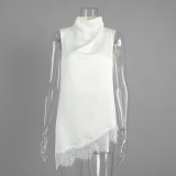 High-Neck Lace Trim Asymmetrical Satin Tank Top