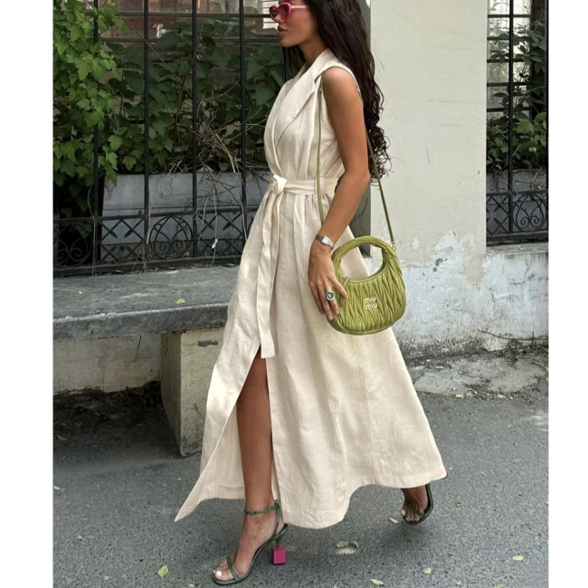 Elegant Cotton Sleeveless Collared Shirt Dress with Waist Tie