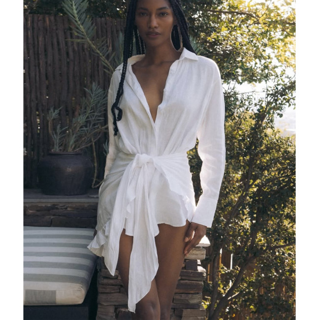 Relaxed Fit Solid Color Belted Collared Bodycon Shirt Dress