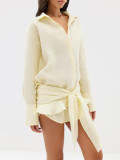 Relaxed Fit Solid Color Belted Collared Bodycon Shirt Dress