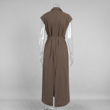 Elegant Cotton Sleeveless Collared Shirt Dress with Waist Tie