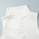 High-Neck Lace Trim Asymmetrical Satin Tank Top