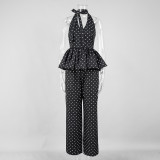 Polka Dot Halter Neck Tank Top + Wide-Leg Pants Set
