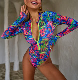 Stylish Women's Long Sleeve Zipper Mesh Swimsuit