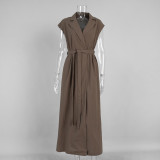 Elegant Cotton Sleeveless Collared Shirt Dress with Waist Tie