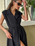 Elegant Cotton Sleeveless Collared Shirt Dress with Waist Tie