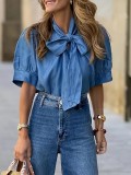 Elegant Blue Tie-Waist Half-High Neck Blouse