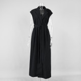 Elegant Cotton Sleeveless Collared Shirt Dress with Waist Tie