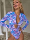 Stylish Women's Long Sleeve Zipper Mesh Swimsuit