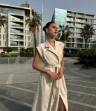 Elegant Cotton Sleeveless Collared Shirt Dress with Waist Tie