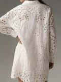 Casual Solid Color Hollow-Out Shirt with Snap Button Collar