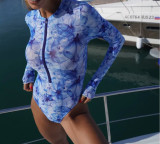 Stylish Women's Long Sleeve Zipper Mesh Swimsuit
