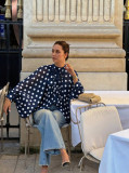 Chic Polka Dot Lantern Sleeve Blouse with Bow Tie