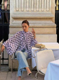 Chic Polka Dot Lantern Sleeve Blouse with Bow Tie
