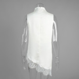 High-Neck Lace Trim Asymmetrical Satin Tank Top