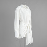 Relaxed Fit Solid Color Belted Collared Bodycon Shirt Dress