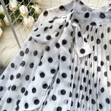 Chic Polka Dot Lantern Sleeve Blouse with Bow Tie