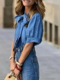 Elegant Blue Tie-Waist Half-High Neck Blouse