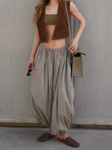 Vintage Brown Lightweight Plaid Lantern Pants
