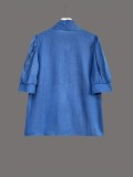 Elegant Blue Tie-Waist Half-High Neck Blouse