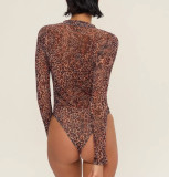 Stylish Women's Long Sleeve Zipper Mesh Swimsuit