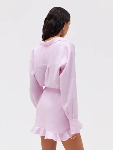 Relaxed Fit Solid Color Belted Collared Bodycon Shirt Dress