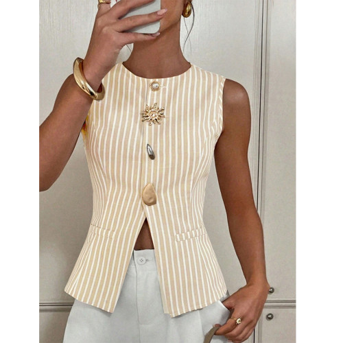 Elegant Striped Round-Neck Button Vest