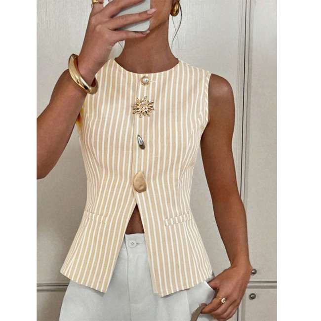 Elegant Striped Round-Neck Button Vest