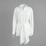 Relaxed Fit Solid Color Belted Collared Bodycon Shirt Dress