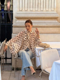 Chic Polka Dot Lantern Sleeve Blouse with Bow Tie