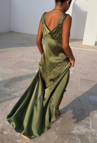 Satin Spaghetti Strap Slit Dress