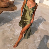 Satin Spaghetti Strap Slit Dress