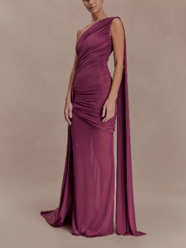 One-Shoulder Mesh Cape Bodycon Party Dress