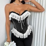 Polka Dot Lace Trim Tie-Up Bustier Top with Button
