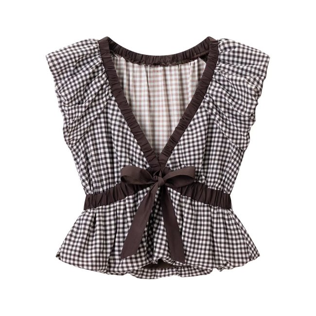 Plaid Bow V-Neck Short Sleeve Top
