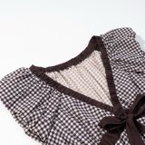 Plaid Bow V-Neck Short Sleeve Top
