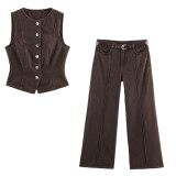 Denim Vest with Belted High-Waisted Wide-Leg Pants