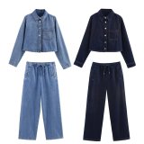 Trendy Denim Short Shirt with Mid-Waist Wide-Leg Jogger Pants