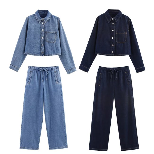Trendy Denim Short Shirt with Mid-Waist Wide-Leg Jogger Pants