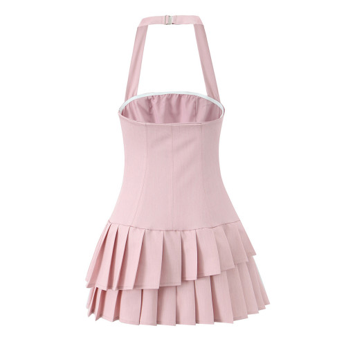 Pink Halter Pleated Mini Skirt