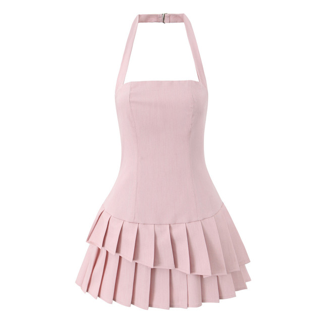 Pink Halter Pleated Mini Skirt