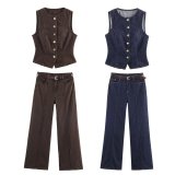 Denim Vest with Belted High-Waisted Wide-Leg Pants